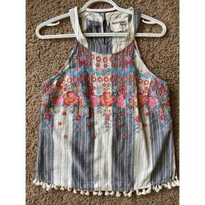 Savanna Jane Embroidered Floral Boho Striped Tassel Tank Top Shirt Womens‎ Small